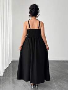 Elenzga Gaun Panjang Tanpa Lengan Warna Polos Hitam Elegan Ukuran Plus untuk Musim Gugur, Gaun Maxi Bertali Pinggang Tinggi untuk Makan Malam, Pesta Koktail, dan Tamu Pernikahan - Hitam - View 4
