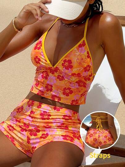 Swim Vcay 2026 Women's Spring/Summer Beach Vacation Bohemian Style Tropical Floral Print Swimwear Set, Minimalist Vibrant Contrast Color, Bow Tie Decor Halter Tankini, Suitable For Vacation, Beach, Afternoon Tea, Picnic, Party, Daily Wear, Leisure,Beach Vacation 2026 New Women's Swimwear ArrivalFor School,Suitable For Holiday, Date, Afternoon Tea, Western, Cruise, Beach, Island, Road Trip, All Seasons, Music Festival, Boho Vacation,Bohemian Vacation, Chill Autumn ,Western Boho ,Elegant Dress For Women Lively Holiday Colorful Prints Swimsuit. Hibiscus Swimsuit Vacation Swim Oasis 2 Piece 2 Piece Swimsuit