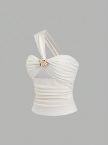 Sweetra Fashionable Sexy Oblique Shoulder Soft Apricot French Style Hollow Chest Design Sweet & Hot Fitted Summer Top, Textured Girly Style For Women - Apricot - View 2