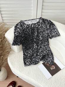 SHEIN LUNE 豹纹网纱圆领休闲通勤优雅修身女式衬衫 - 灰色 - 查看 5