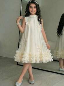 SHEIN Tween Girl Fashionable Elegant Mandarin Collar Sleeveless Dress - White - View 1