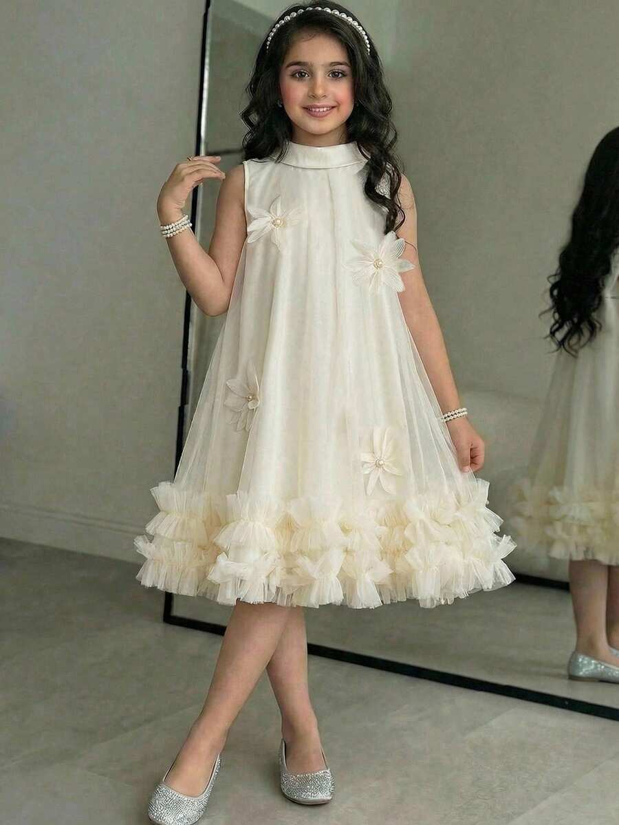 SHEIN Tween Girl Fashionable Elegant Mandarin Collar Sleeveless Dress - White - View 1