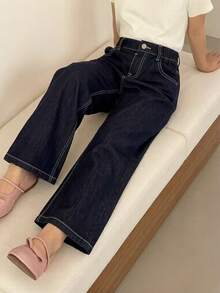 Young Girls Water-Washed Korean Style Flared Bowknot Embroidered Letter Casual Jeans - Black - View 9