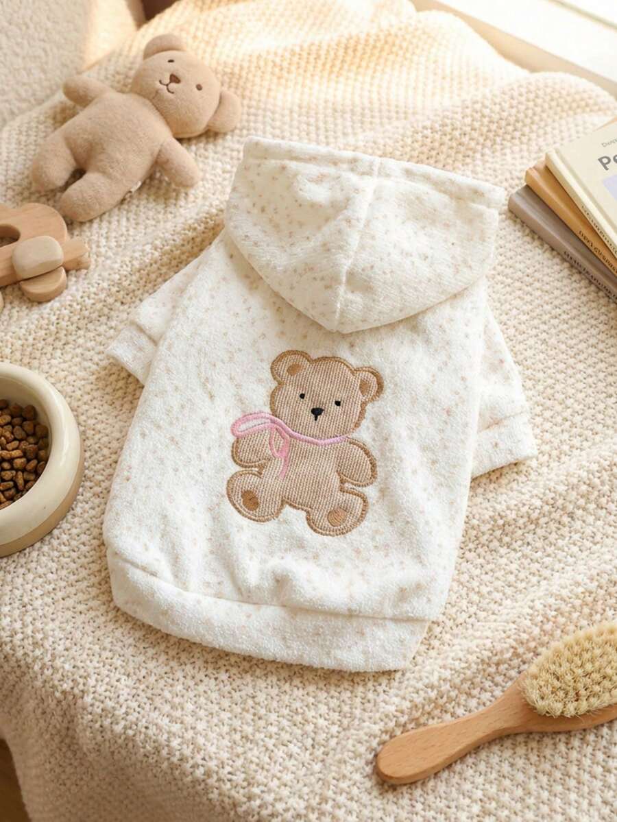 PETSIN 1件通用猫狗服装，柔软毛绒小熊刺绣宠物连帽衫，适合小型犬作为春秋季舒适的服装。 - 米色 - 查看 1