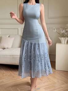 DAZY Đầm dài ngang gối không tay đính sequin thanh lịch dành cho nữ, đầm hè chống nắng cho nữ. - Màu xanh lam - Xem 4