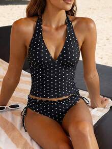 Swim Mod Women's 2-Piece Swimsuit Set For Summer, Black & White Polka Dot Print With Ruffle Trim, Cropped Top And Tie-Waist Bottoms - Black - View 1