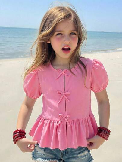 SHEIN Girls' Fashionable Solid Pink Waist-Cinching Puff Sleeve Blouse, Woven Fabric Smooth & Comfortable, Bow Decor Button-Front Round Neck Cardigan Design, Sweet & Elegant For Party, Daily Wear, Commuting