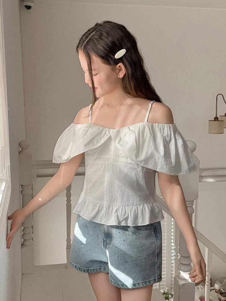 Tween Girl Solid Color Spaghetti Strap Elegant Fitted Ruffle Hem Blouse