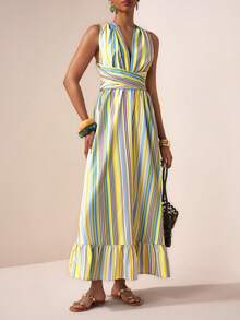 Zivah 2026春夏波西米亚风休闲度假彩色条纹深V领露背系带荷叶边A字连衣裙 - 彩色 - 查看 9