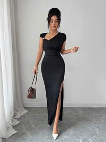 Rafferiza Women's Asymmetric Neckline Metal Buckle Decor Slit Dress - Black - View 4