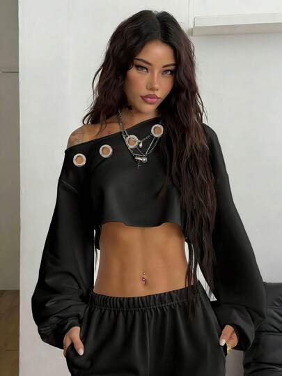 Coolane Casual Street Style Grommet Decor Exaggerated Personality Women's Off-Shoulder Cropped Sweatshirt, Suitable For Fitness, Dance, Autumn/Winter, Loose Fit Crew Neck Long Sleeve Thick Sweatshirt For Early Spring
