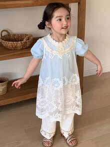 Dazy Kids Baby Girl Lace Patchwork Korean Style Layered Spring/Summer Top - White - View 3