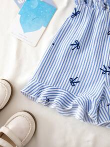SHEIN Bộ áo liền quần cho bé gái, kiểu dáng thanh lịch, thoải mái, thích hợp cho kỳ nghỉ, dây mảnh, ôm sát, màu xanh dương, chất liệu dệt, thích hợp cho mùa xuân/hè, đi chơi ngoài trời. - Màu xanh lam - Xem 8