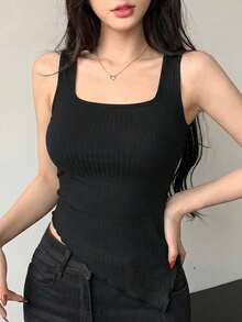 DAZY Women's Casual Versatile Solid Color Asymmetric Hem Tank Top, Summer - Black - View 2