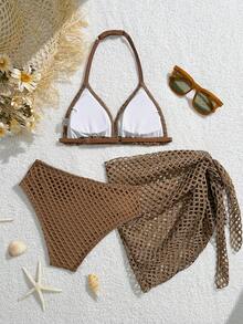 SHEIN Bộ đồ bơi cho bé gái tuổi teen, làm từ vải lưới dệt kim, gồm áo kiểu và quần kiểu quấn, màu nâu mang đến cảm giác nghỉ dưỡng. Thiết kế tôn lên đường viền cổ, và phần váy quấn tạo thêm nét giản dị và phong cách, phù hợp cho bãi biển, hồ bơi và các hoạt động nghỉ mát khác. Đồ bơi màu nâu, bikini màu nâu, bộ bikini kín đáo, đồ bơi màu nâu - màu nâu - Xem 3
