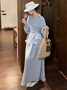 DAZY 女士休闲系带衬衫和裙子两件套，春夏款 - 藍色 - 查看 7