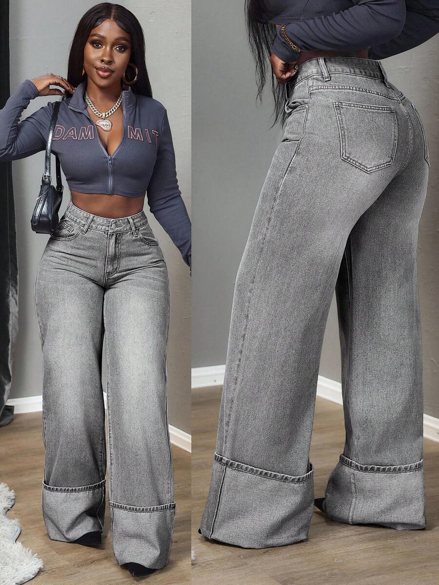 SHEIN Tall Quần jeans ống rộng nữ có túi và cúc, kiểu dáng thường ngày, đa năng. - Xám - Xem 1