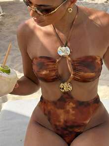 Bonvoyette 女士连体泳衣，性感休闲度假简约优雅图案，挂脖系带连体泳装，春夏款 - 彩色 - 查看 1