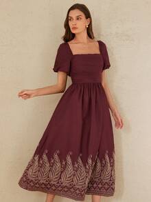 Aveloria Rosie New Fashion Elegant Petal Sleeve Single Shoulder Embroidered Square Neck Backless Long Dress - Burgundy - View 4