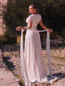 Elegant, Romantic, Fashionable Apricot Chiffon Fabric Rhinestone Decor Ruched A-Line Formal Party Dress, Wedding Guest Dress, Bachelorette Party Dress, Formal Dinner Gown - Apricot - View 5