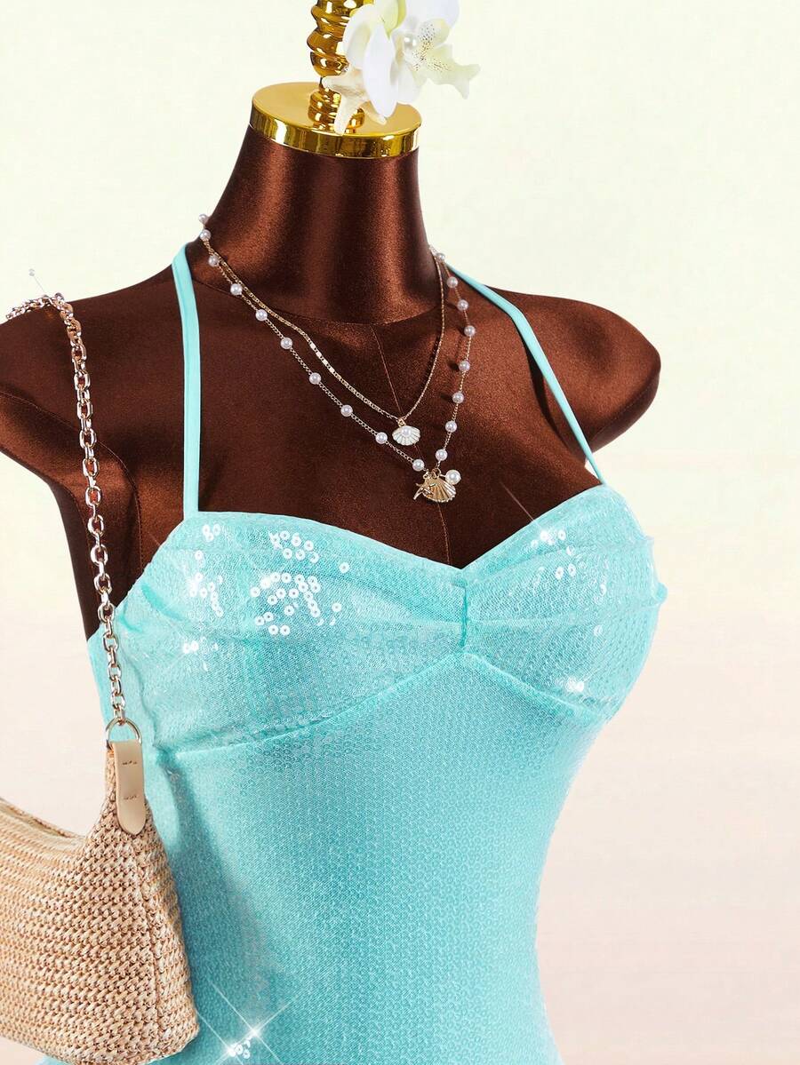 Amplova Island Vacation New Style Shiny Mint Green Low-Cut Waist-Cinched Mini Dress For Women Sexy Summer Dress Bodycon Summer Dress Teal Dress Sequin Dress - Blue - View 1