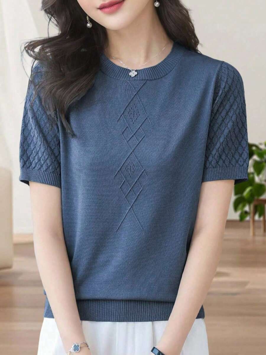 EMERY ROSE Áo thun nữ ngắn tay dệt kim cơ bản màu trơn để mặc hàng ngày - Màu xanh lam - Xem 1