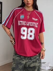 Coolane 女士街头风 Y2K 酷炫活动字母印花撞色短袖黑色 T 恤 - 酒紅色 - 查看 6