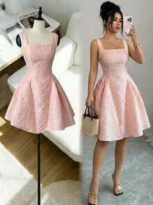 Elenzga Women's Elegant Jacquard Textured Fit & Flare Mini Dress, Suitable For Party, Wedding, Dinner, Birthday - Pink - View 1