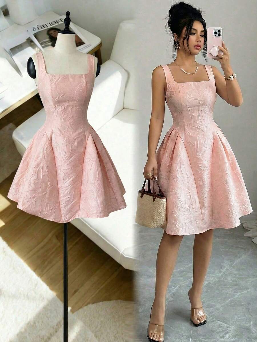 Elenzga Women's Elegant Jacquard Textured Fit & Flare Mini Dress, Suitable For Party, Wedding, Dinner, Birthday - Pink - View 1