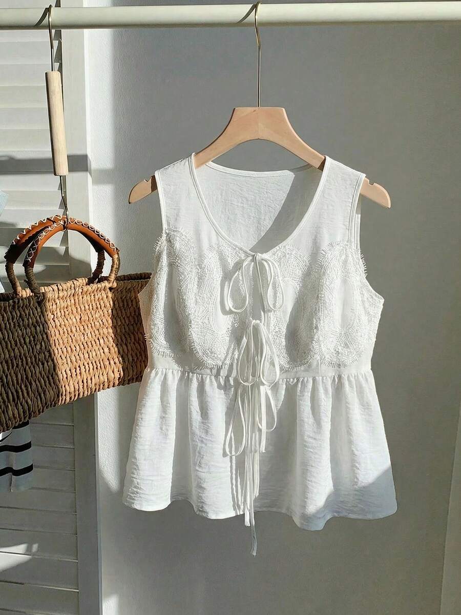 SHEIN LUNE Plus Size Women's 1pc Linen-Like Crochet Trim Tie Front Gathered Loose Casual Vacation Home Shirt, Spring/Summer - White - View 1