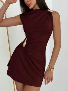 Aloruh Elegant Solid Color Metal Decor Dress, Casual & Party Wear,Summer Dresses For Women - Burgundy - View 7