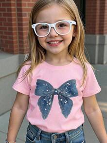 Baby Girls' Casual Fashionable Comfortable Minimalist Cute Bow Graphic Short Sleeve T-Shirt, Summer Tops - Pink - View 1