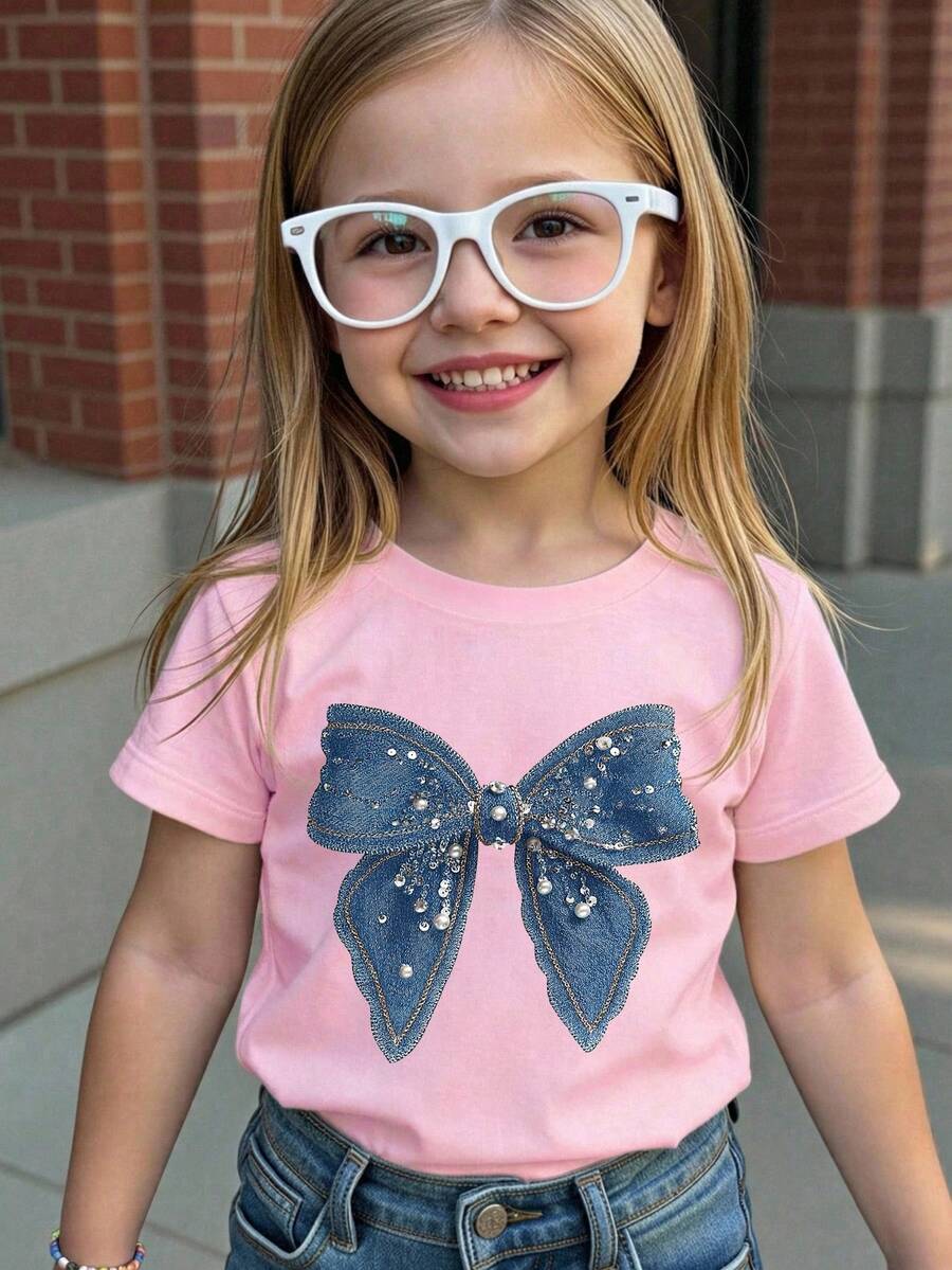 Baby Girls' Casual Fashionable Comfortable Minimalist Cute Bow Graphic Short Sleeve T-Shirt, Summer Tops - Pink - View 1
