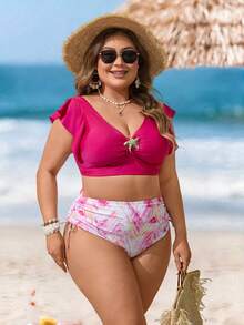 Swim Lushoire 2026 New Plus Size Women's Solid Color & Floral Print 2-Piece Swimwear, Removable Padded Sexy Low-Cut Top, Elegant Ruffle Sleeve, High-Waisted Drawstring Slimming Bottoms, Casual Chic Artistic Resort Beach Swimwear - Multicolor - View 5