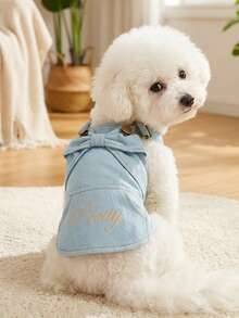 PETSIN 1件猫狗通用服装，甜美蝴蝶结刺绣“漂亮”宠物蓝色连衣裙，带背带，柔软可爱款式，适合小型犬穿着 - 藍色 - 查看 2