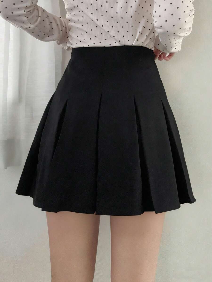FRIFUL 女士黑色纯色高腰百褶短款休闲修身半身裙,秋冬款 - 黑色 - 查看 1
