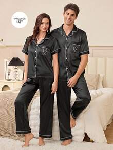 CoupledUp 男士休闲家居服翻领衬衫，绣有心形图案套装 - 黑色 - 查看 7