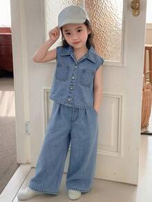 Dazy Kids 夏季少女无袖深色水洗牛仔背心和宽松阔腿牛仔裤套装 - 藍色 - 查看 4