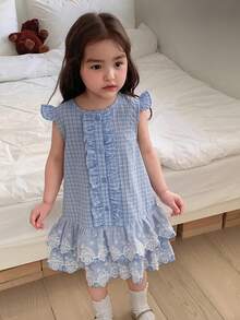 DAZY Baby Girl Round Neck Cap Sleeve Plaid Embroidered Ruffle Hem Cute Dress Toddler Girls Clothes - Yellow - View 2