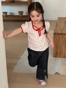 DAZY Áo thun ngắn tay cổ tròn in hình trái tim cho bé gái, thích hợp mặc mùa hè. - trắng - Xem 3