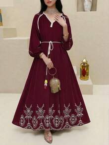 Yasmyna 新款V领刺绣休闲舒适沙滩裙 - 酒紅色 - 查看 2