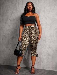 SHEIN SXY 2pcs/Set Plus Size Women's Leopard Print & Chocolate Brown Capri Pants With Bow Decor,Summer Casual Country Everyday Mid-Waist Elastic Capri Pants Set - Brown - View 5