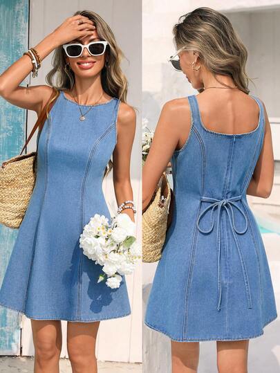 Vivid Eden 女士纯色圆领休闲百搭无袖牛仔连衣裙