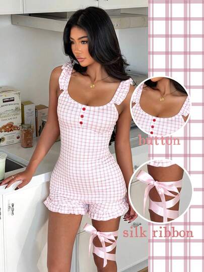 SHEIN Sweet Plaid Fitted Jumpsuit Pajamas Gingham Set Babydoll Pajama Set Women Sexy Pajamas Women's Short Sets 2pc Short Sets For Women