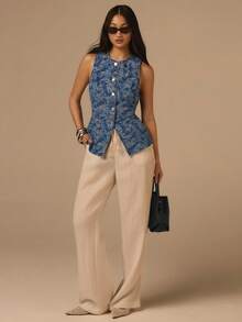 COSMINA 女士休闲提花无袖牛仔衬衫，夏季 - 藍色 - 查看 3