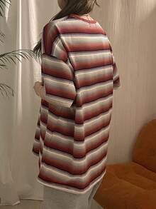 DAZY 女士休闲条纹落肩宽松T恤，夏季 - 紅色 - 查看 7