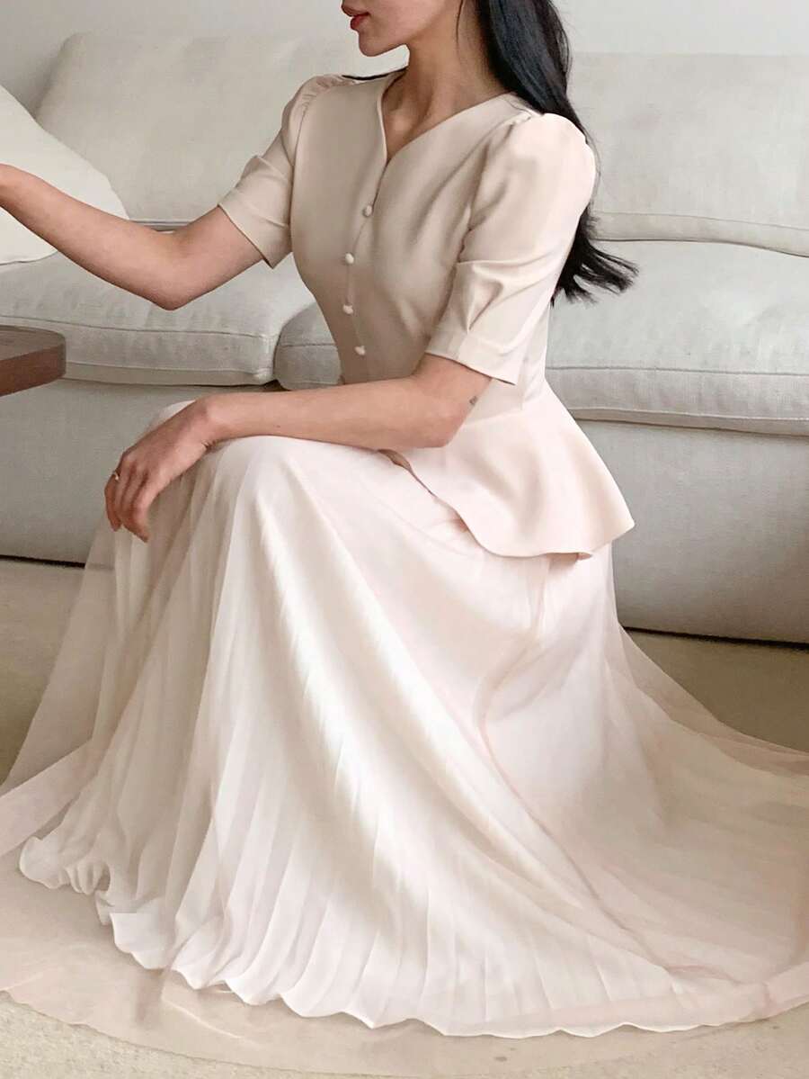 DAZY 女士优雅网纱拼接褶裥中长连衣裙，夏季吊带裙 - 杏色 - 查看 1