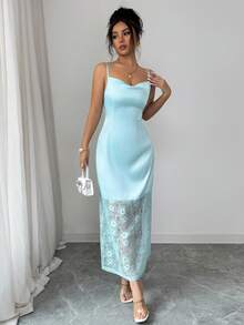 Selianne Women's Elegant Light Blue V-Neck Spaghetti Strap Dress With Lace Trim And Side Slit,Summer Date Formal Events,Light Social Occasions Casual Outings - Mint Blue - View 7