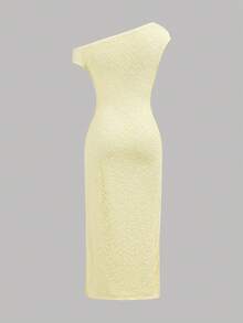 SHEIN Girlism Đầm vàng thanh lịch dành cho bé gái tuổi teen, chất liệu dệt jacquard, vai lệch, ôm sát người. - Màu vàng - Xem 2