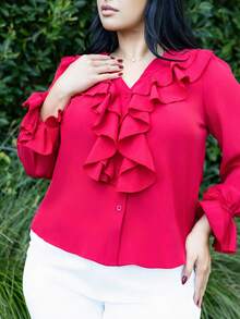 Truni Plus Size Women's Casual Ruffled V-Neck Long Sleeve Solid Color Blouse,Fall Clothes For Women, For Pear Triangle Body Shape - Red - View 3